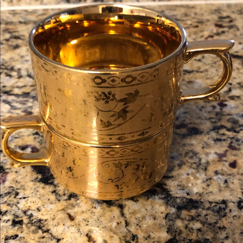 Lord Glory 24kt Gold Encrusted/Overlay Set Of 2 Fine China Teacups Hand Etched